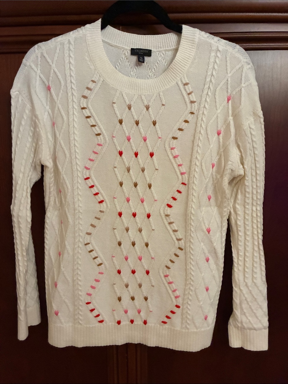 Talbots Cream Cable Knit Crew Sweater with Pink & Red Stitching